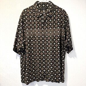 Claiborne Size-XL Men's Shirt Silk Button Down Geometric Pattern Brown